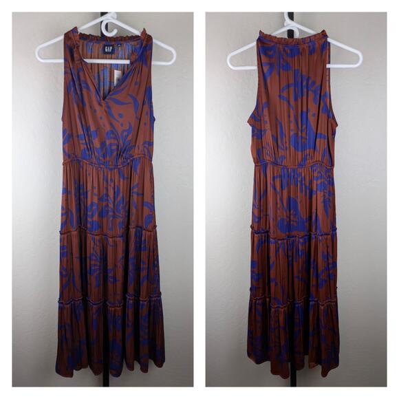 Gap sleeveless midi length tiered dress rust brown blue print - Picture 2 of 8